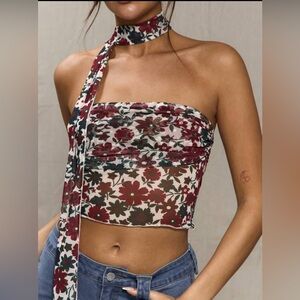 Floral Mesh Strapless Crop Top with Scarf Tie – Size Small (New with Tags)